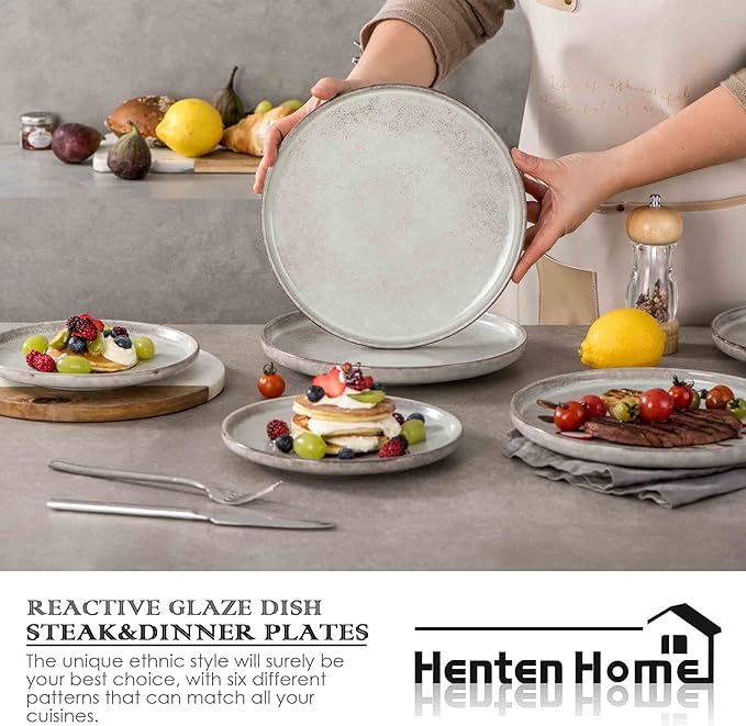 Henten Home 10 Inch Ceramic Dinner Plates, Porcelain Steak Plates Set of 4, Fluted Round Plates for Kitchen, Pasta, Salad Stonware Dishes, Scratch Resistant (Grey)