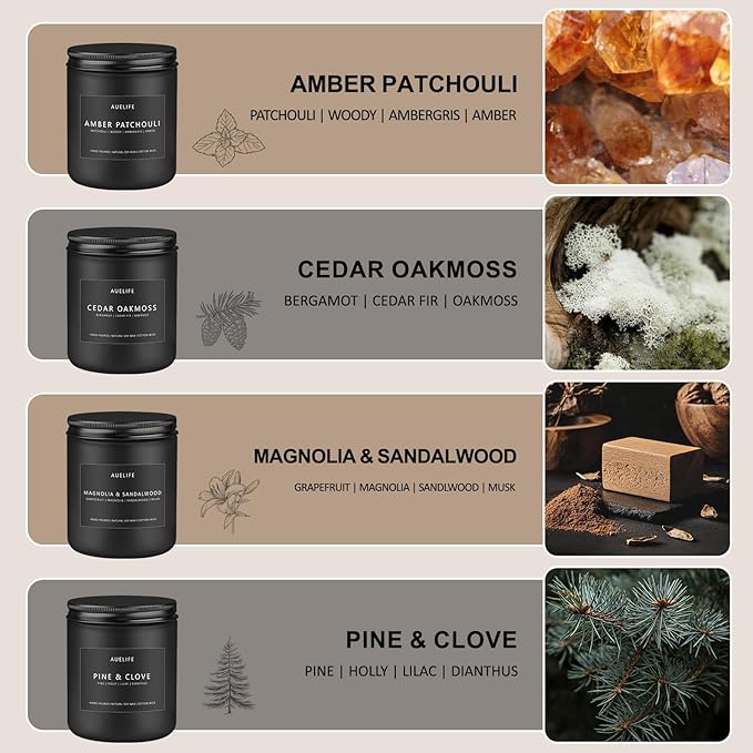Candle Gift Set for Men – 4 Pack Soy Candles with Cedar Oakmoss, Pine & Clove, Amber Patchouli, Sandalwood – Masculine Scented Candles for Home, Valentine's Day Gift for Him