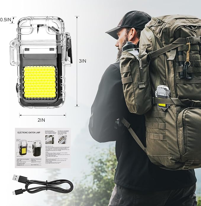 2 Pack Waterproof Lighter of 3 Modes Windproof Flashlight, Dual Arc Plasma Lighter, Flameless, Electric USB Rechargeable for Camping, Hiking, Outdoor Survival Gifts for Men