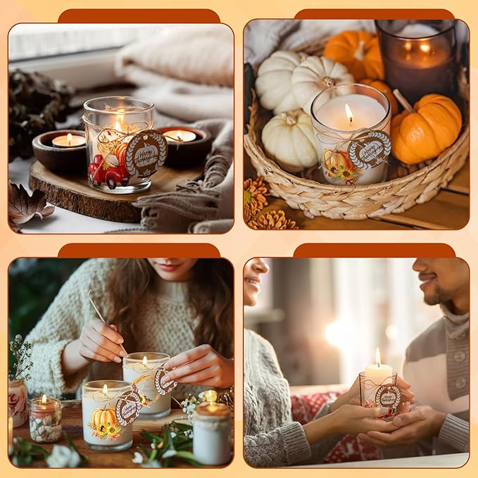 Potchen 12 Pack Thanksgiving Pumpkins Clear Candle Jars for Making Candles 7 oz Empty Glass Jars with Wood Lids and Blessing Card Harvest Candle Containers for DIY Gifts Home Tea Party Holiday Decor