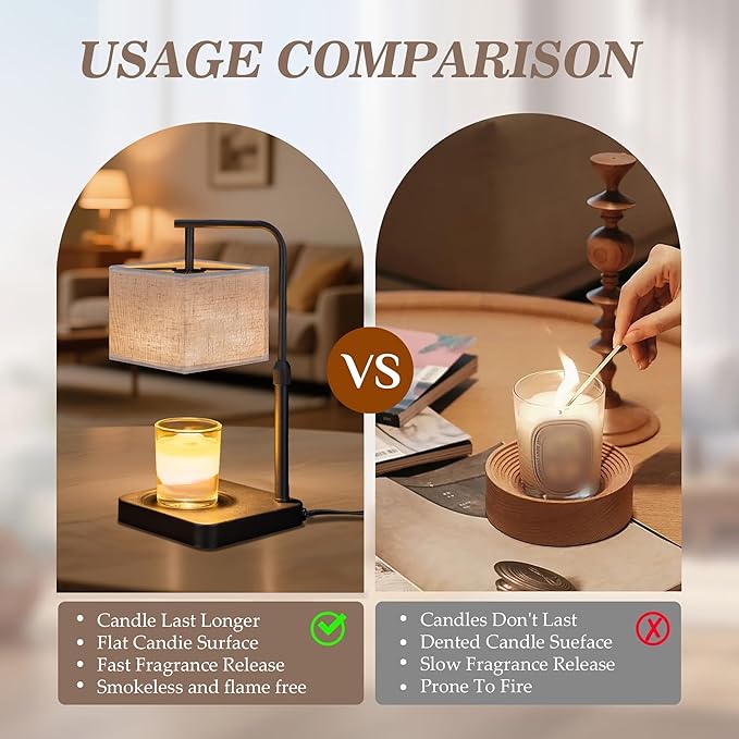 MOAFINA Candle Warmer Lamp with Timer & Dimmable, Height Adjustable Wax Warmer with Linen Shade & 2 Extra Bulbs, Flameless Candle Melter for Jar Candles, Gifts & Bedroom Decor