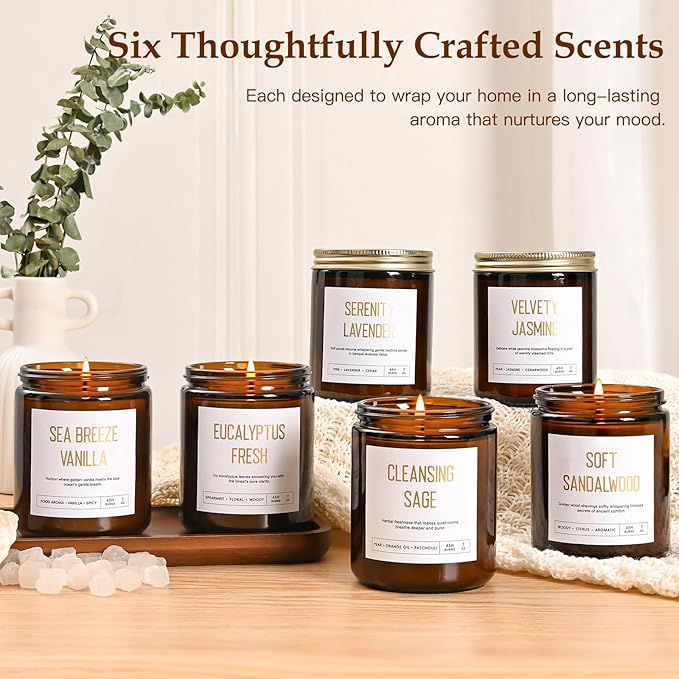 Scented Soy Candles Set for Women - 6 Pack 42oz 300Hour Candle for Home Scented, Lavender Vanilla Eucalyptus Sage Jasmine Sandalwood Candle for Spring Summer, Natural Soy Wax Aromatherapy Candles ﻿