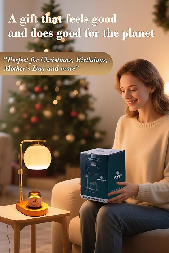 Ivory Glass Candle Warmer Lamp Adjustable Height Dimmer 2 4 8 Hour Timer Dark Wood Base Wax Melter Includes Scented Candle and 2 Bulbs for Cozy Bedroom Living Room Home Decor
