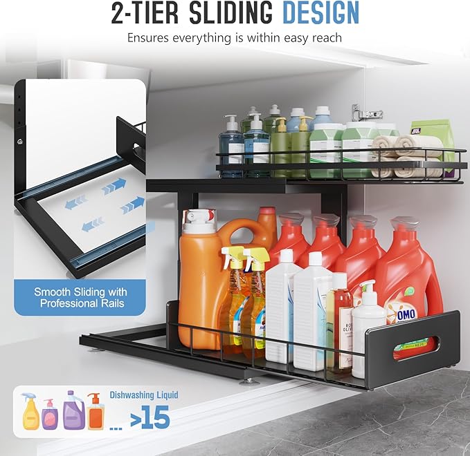 Under Sink Organizer Upgrade To Professional Rails,2-Tier Dual Pull Out Cabinet Storage,Height Adjustable Slide Out Drawers For Bathroom Kitchen,1 Pack-18.5"Dx12.8"-16.9"H,Black