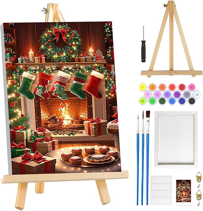 MOGTAA Christmas Paint by Numbers Kit for Adults Beginners with Frame, Christmas Socks Adult Paint by Number Kits on Canvas with Easel, Easy DIY Oil Painting Kits for Home Decor, 8x12in