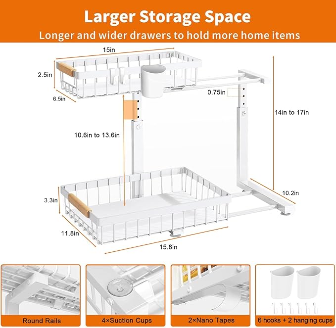 2 Pack Under Sink Organizers and Storage, Adjustable Height,2 Tier Pull Out Under Cabinet Organizer with 2 Hanging Cups and 6 Hooks,Slide Out Thickened Metal Undersink Organizers for Kitchen Bathroom