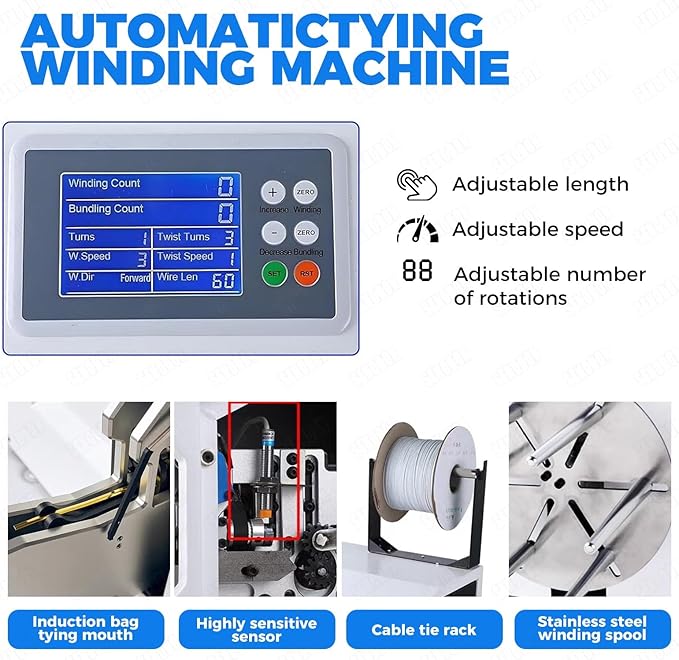 Automatic Twist Tie Machine, Multi-Functional Bag Closure Bundling Tool with 300m Premium Twisted Bands, 5-30mm Precision Tying Range, Automatic Tying and Cutting Functions.(Bind+Wind)