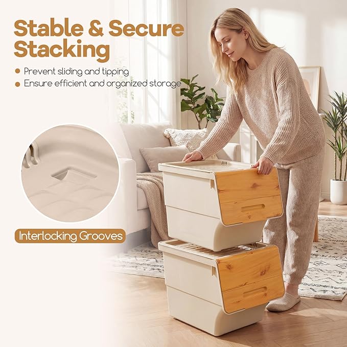 Giantex Plastic Stackable Storage Bins with Lids & Wheels, 3 Pack Open Front Stacking Bins, Organizer Bins for Pantry, Kitchen, Laundry, Closet, Playroom, Bedroom Organization (35 QT)