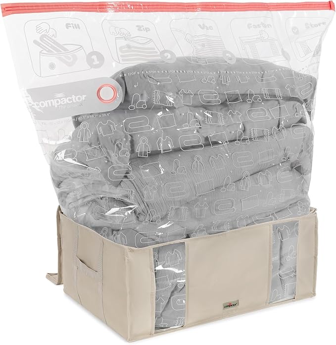 Compactor Vacuum Storage Bag with Semi-Rigid Structured Box, Polypropylene & Nylon Vacuum Storage Bags, Vacuum Seal Bags for Clothing and Bedding, Closet Organizer (Beige, XX-Large)