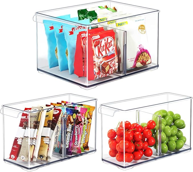 Clear Plastic Storage Bins with Dividers for Fridge Pantry Organizers and Storage Containers, 3 Pack Acrylic Stackable Sturdy Storage Boxes for Home Edit and Cabinet Organizers C6-1