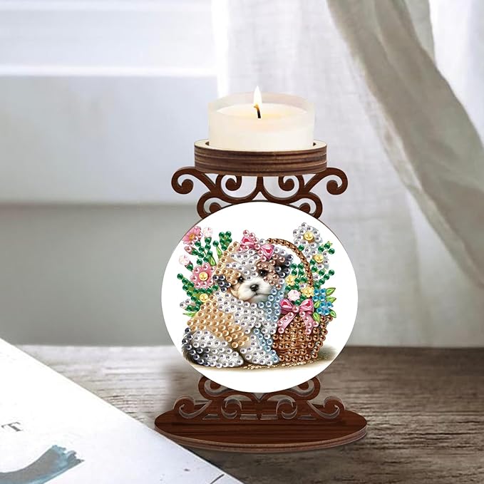 Diamond Art Painting Candlestick Holder kits, Puppy DIY shaped crystal Diamond partial art painting, woodiness Candle holder for AromaRelax & Home Decor, Christmas Halloween Ornaments (Double-Sided)