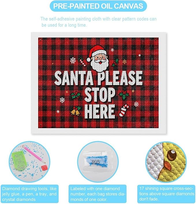 AIVKIEJK Diamond Painting Kits for Adults - Holly & Stars, Santa Please Stop Here Painting DIY 5D Full Drill Diamond Dots Paintings with Diamonds Gem Art and Crafts Home Decor 12"x16"