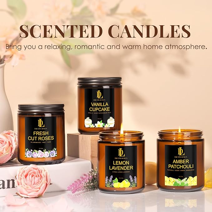 4 Pack Candles for Home Scented, 28 oz Soy Aromatherapy Candle Set, Candle Gifts for Women Men, Scents of Fresh Cut Roses/Lemon Lavender/Vanilla Cupcake/Amber Patchouli