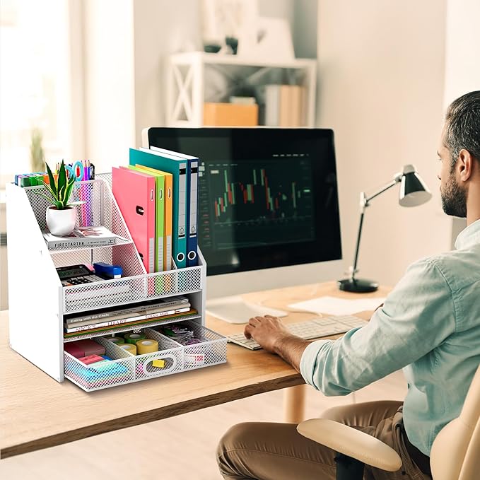 Homsorout Wooden Desk Organizer - Mesh File Organizer with Drawers and Pen Holder - 4-Tier Vertical Paper Letter Storage Tray, Desktop Organizers and Accessories for Home Office （White