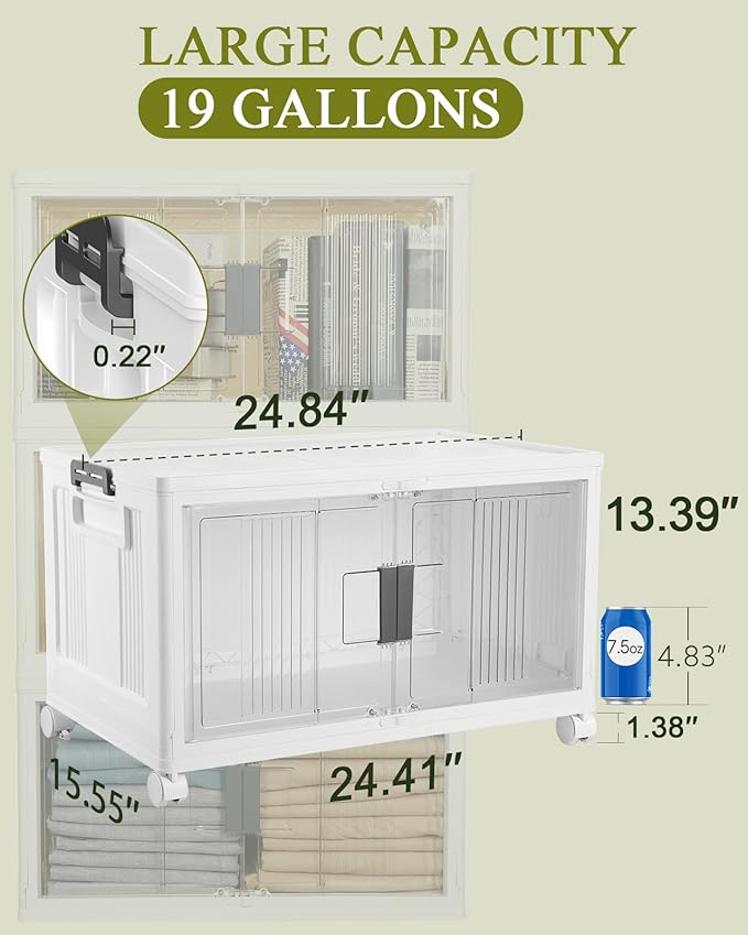 OlarHike 76QT Lockable Storage Bins with Lids - Folding Storage box with Doors and Wheels, Collapsible Plastic Bins for Closets, Office, Stackable Organizer and Containers, Gifts, 3 Pack Cubes