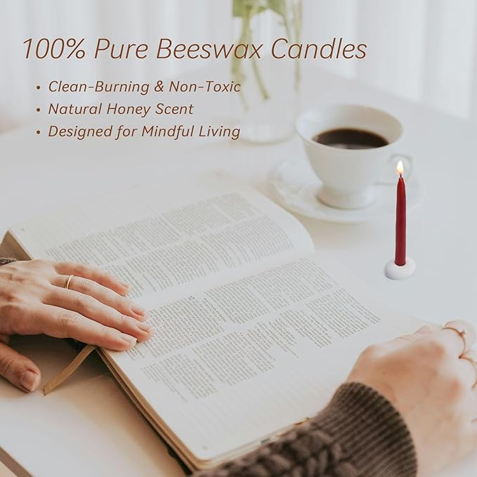 20 Minute 100% Pure Beeswax Candles, Mini Mindful Meditation Taper Candles, Smokeless & Dripless with Holder for Yoga, Prayer, Relaxation (Red,60 Pack)