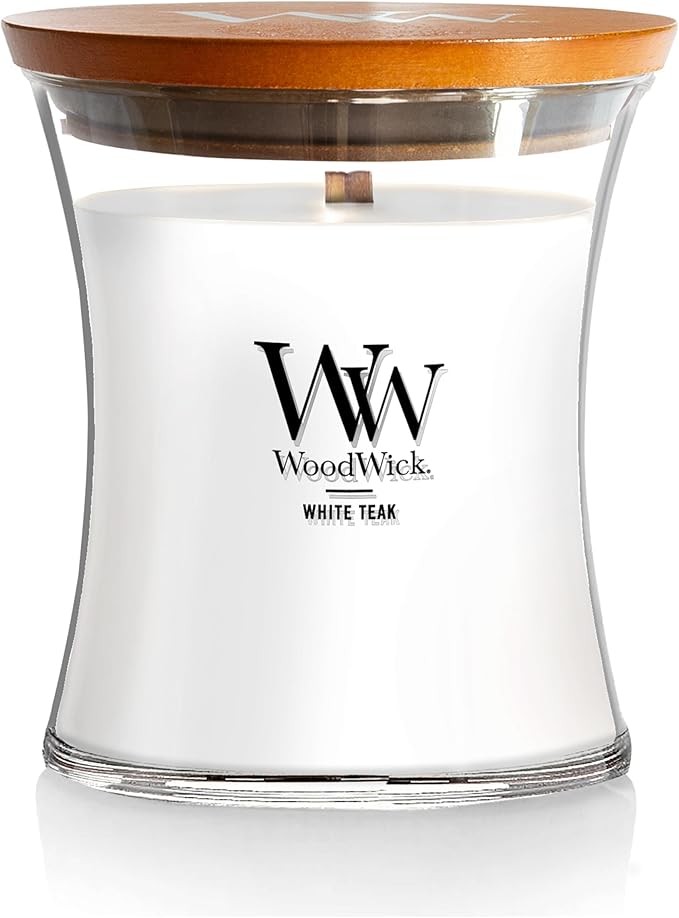 WoodWick Medium Hourglass Candle White Teak - Premium Soy Blend Wax Pluswick Innovation Wood Wick Made in USA