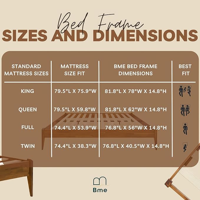 Bme Dinkee 15 Inch Signature Bed Frame Without Headboard - Modern & Minimalist Style with Acacia Wood - 12 Strong Wood Slat Support - Easy Assembly - No Box Spring Needed - Caramel, Full