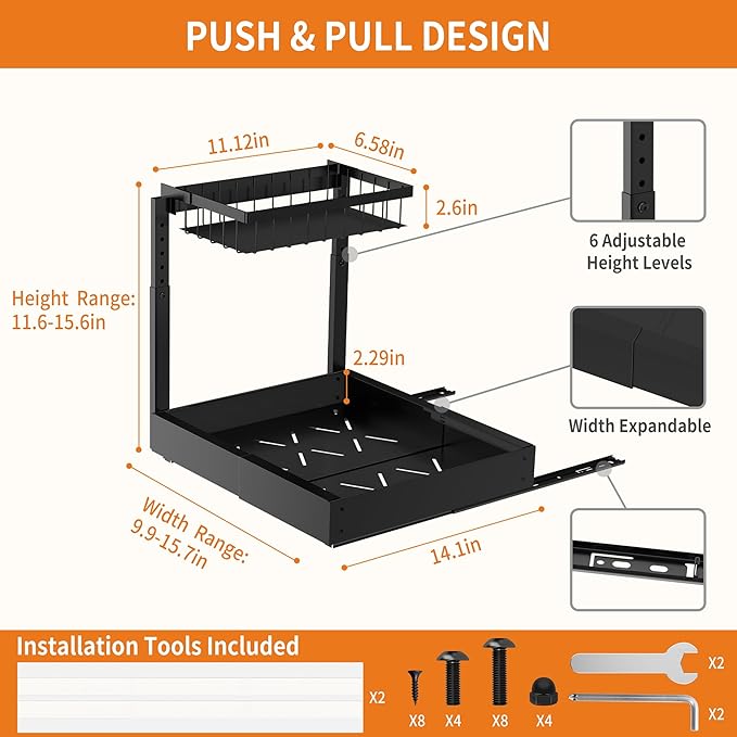 CAWIU 2-Pack Expandable Under Sink Organizers and Storage, 2-Tier Adjustable Pull-Out Cabinet Organizers, Slide-Out Shelves with Width (9.9"-15.7") & Height (11.6"-15.6") for Kitchen & Bathroom