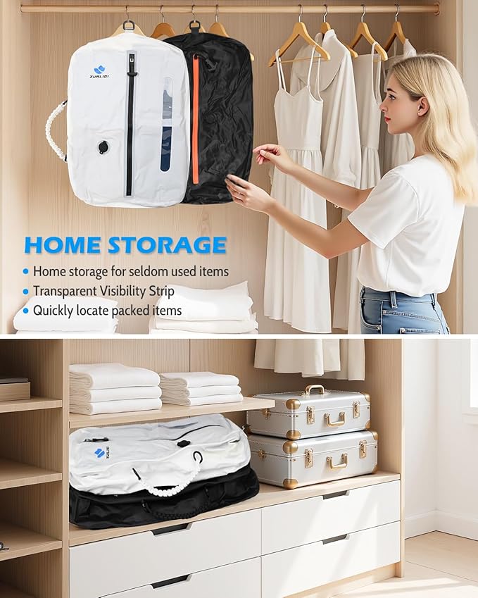 Zurligi Travel Vacuum Compression Bags with Removable Handle & Mini Pump – 39L Reusable IPX8 Waterproof Vacuum Packing Cubes, Vacuum Seal Bags for Clothes, Suitcase & Backpack(2-Pack White)