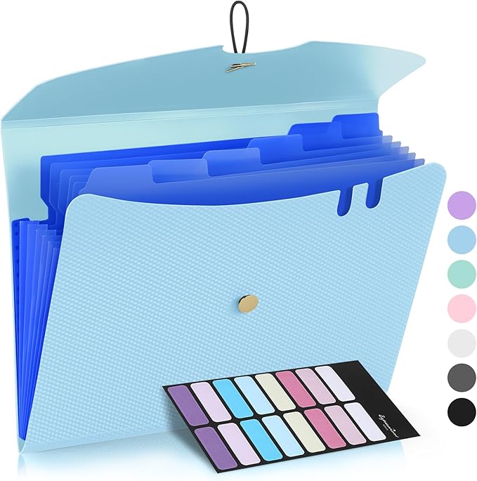 Sooez 7 Pocket Expanding File Folder, Letter Size Accordion File Organizer, Premium Folders for Documents, Filing Folders with Bungee Closure, Portable Organizer for School Office Supplies, Sky Blue