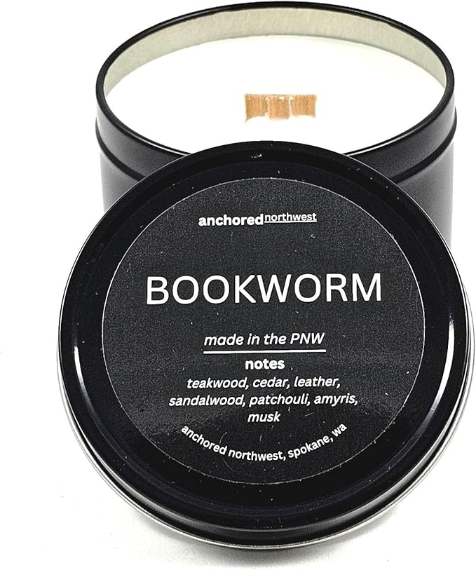 Anchored Northwest - Bookworm Travel Tin Candle, 6oz Black Metal Tin, American Cedar Wood Wick, Hand Poured, Essential Oil Blend 100% Soy Wax, 35+ Hour Burn