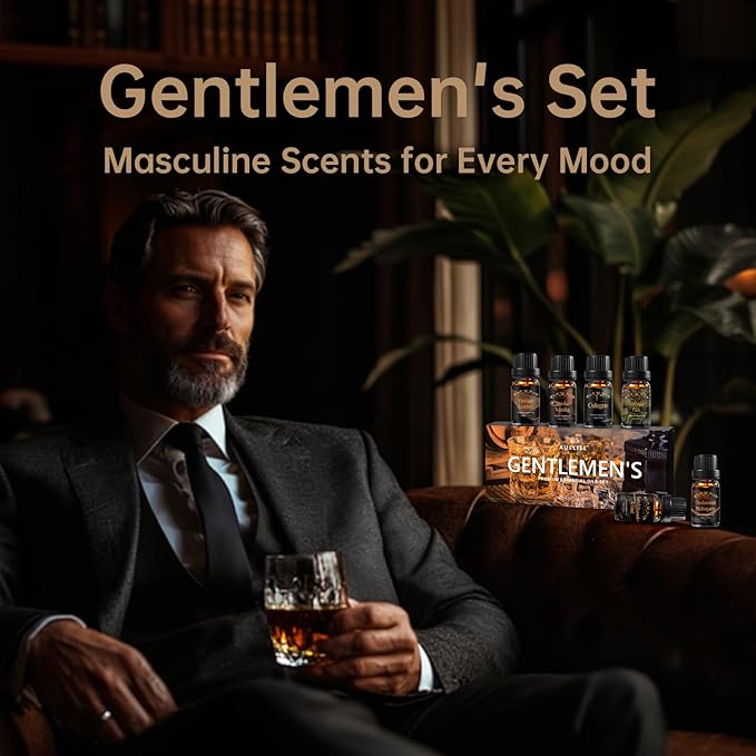 Men Essential Oils Set for Diffuser, Father's Day Gift for Men - 6x10ml Masculine Fragrance Oils for Candle Making, Scented Oil Gift Set, Mahogany, Sandalwood, Cologne, Smoke Vanilla, Oak, Leather