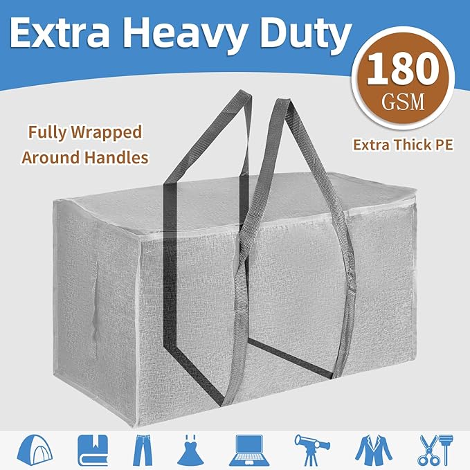 4 Pack-Extra Large Heavy Duty Moving Bags - Waterproof Storage Totes with Handles & Zippers, Foldable for College Dorm, Storage (Gray)
