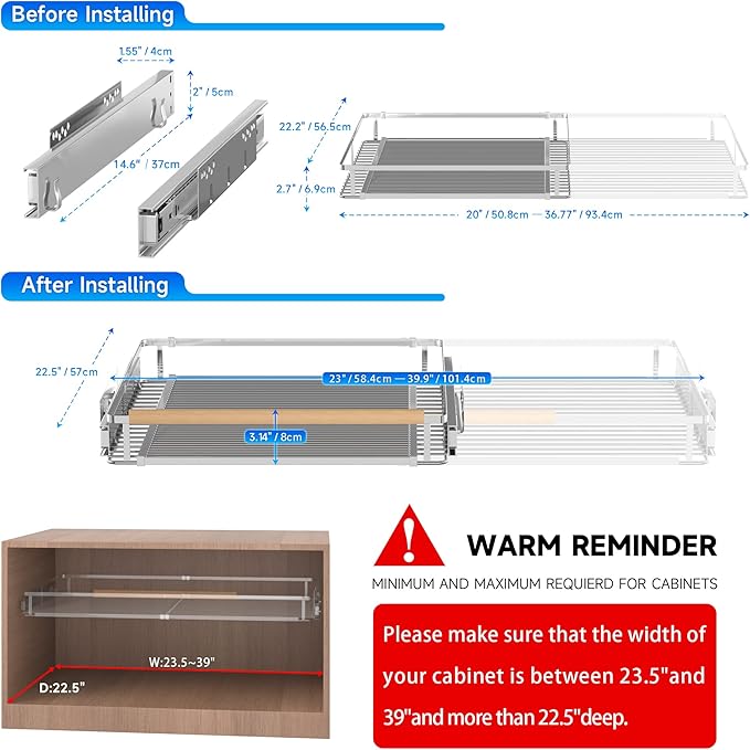 Pull Out Cabinet Organizer, 23~39.8"W x 22.5"D Expandable Pull Out Shelves for Kitchen Cabinets, Heavy Duty Metal Slide Out Pantry Shelves Sliding Shelf for Home Kitchen,Under Sink,Bathroom,Wardrobe