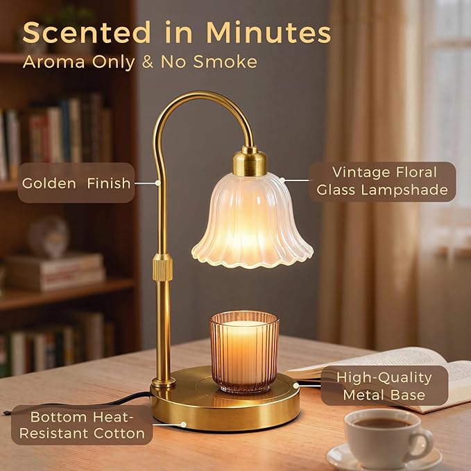 DomeStar Gold Candle Warmer Lamp, Flower Wax Melt Lamp with Timer Cottage Core Decor Mother Day Gift for Woman