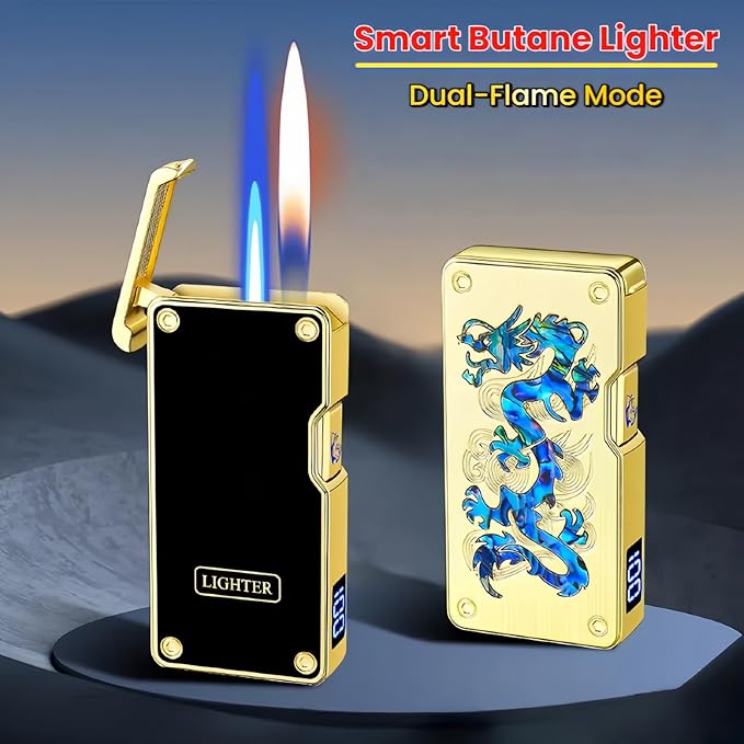Smart Butane Lighter with 5 Ignition Methods, Voice-Activated Dual Flame Lighter with Windproof Blue Torch and Soft Flame Options, Rechargeable and Refillable Lighters (Without Fuel) (Brass)
