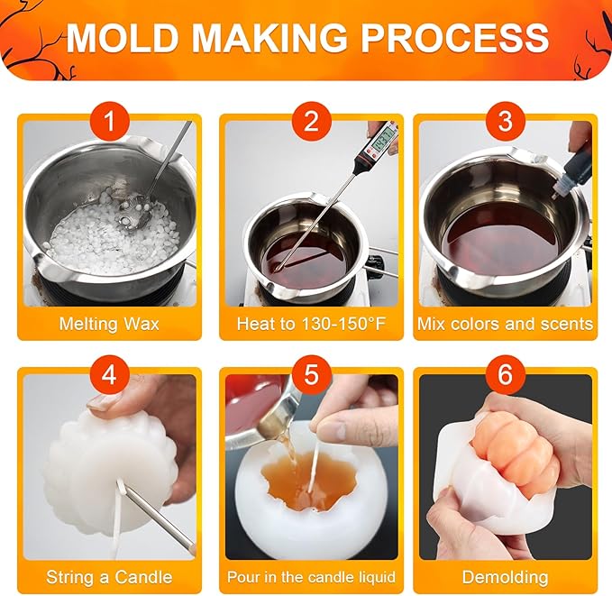 MGLIFEUL 6 pcs Upgrade Large Halloween Pumpkin Maple Leaf Candle Silicone Candle Mold with Wax Core, Halloween Fall Pumpkin Candle Resin Soap Molds Silicone Suitable for Businesses or households