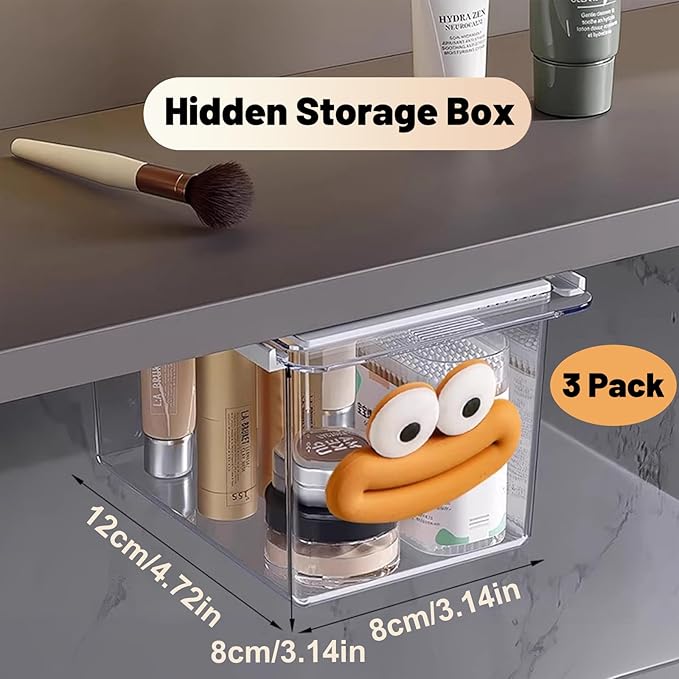 3 Pack Under Desk Storage Drawer,Self-Adhesive Slide-Out Organizer Box,Under Table Shelf Hidden Pull-Out Cabinet,Space-Saving Tray for Office Kitchen Bathroom