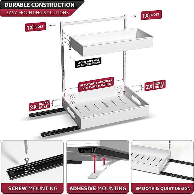 Sorbus Under Sink Organizer with Sliding Tracks – Pull Out Cabinet Organizer with Drawer & Installation Rails – Under Cabinet Bathroom Storage Organizer for Kitchen, Pantry, or Vanity –White 1 Pack