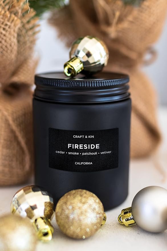 Craft & Kin Premium Smoky Fireside Candle | Scented Candles for Men | Men Candles with Wood Wicked | Long Lasting with 45 Hour Burn Time - 7.6oz