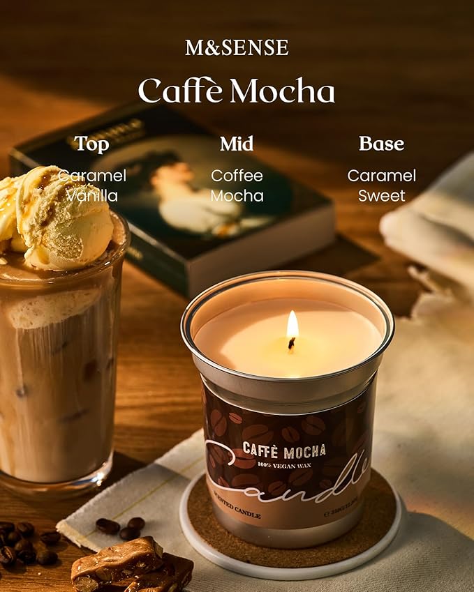 M&SENSE Mocha Coffee Scented Candles 12.3oz 75 Hours Slow Burn, Soy Organic Candles Non Toxic, Fall Seasonal Candle for Home Decor, Holiday Aromatherapy Gifts for Women Men