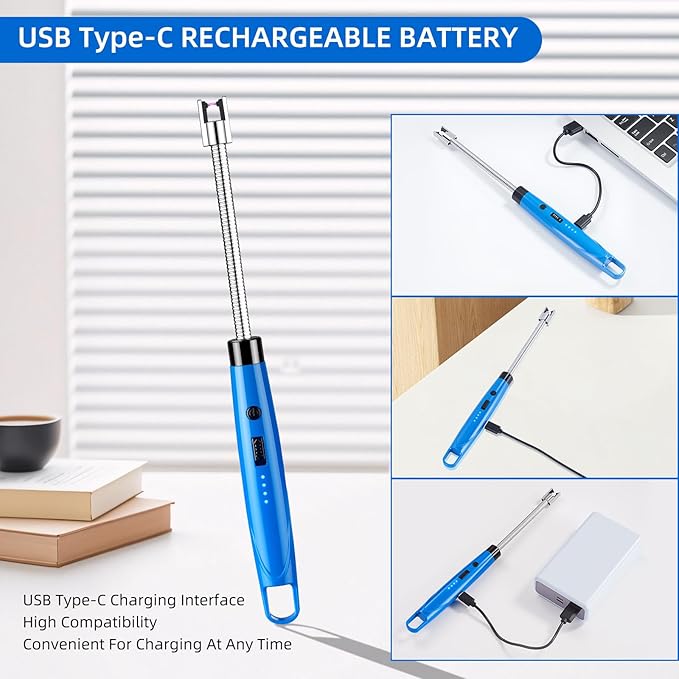 Candle Lighter Electric USB Rechargeable Plasma Arc Lighter with 360° Flexible Neck,LED Power Display,Safety Lock,Windproof Flameless,Long Arc Lighters Matches,4 Pack(HB-088B-4Pcs)