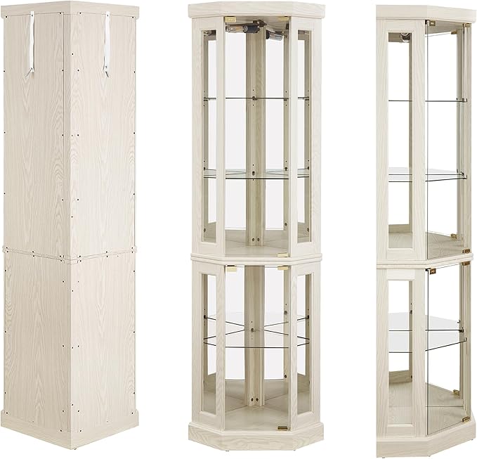 69" H Lighted Curio Cabinet Corner Display Case,Corner Glass Cabinet with Tempered Glass Door and Adjustable Shelves,Wooden Curio Case with Mirrored Back Pane (Style 2 - Antique White)