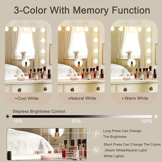 Ratsamee 23" x 18" Hollywood Vanity Mirror with Lights, 15 Dimmable Bulbs, 3 Color Lights, Make Up Lighted Mirror, USB Charging Port, Gifts for Women Wife Teengirls