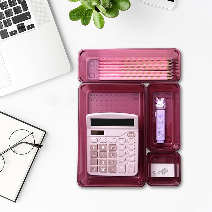 Kitchen Desk Drawer Organizers Storage for Office, Small Acrylic Vanity Trays Makeup for Drawer Bathroom Plastic Make up Organizers 25 Pcs Burgundy