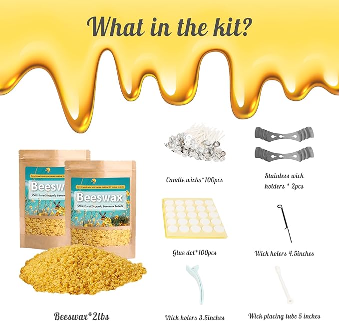 Ksedcon 2LB Beeswax for Candle Making, Triple Filtered Beeswax Pellets Candle Wicks with Candle Making Tools