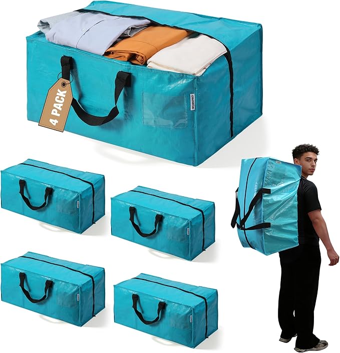 WORKPRO 4 Pack Extra Large Moving Bags with Zippers & Carrying Handles Backpack Straps, Heavy-Duty Storage Tote for Space Saving Moving Storage (Blue)