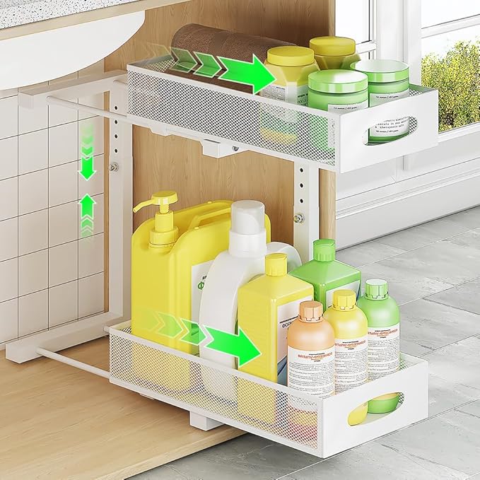 1 Pack Under Sink Organizer and Storage, 2 Tier Pull Out Sliding Cabinet Shelf, 5-Level Height Adjustable Thickened Carbon Steel Storage Rack for Kitchen Bathroom Cabinet, White