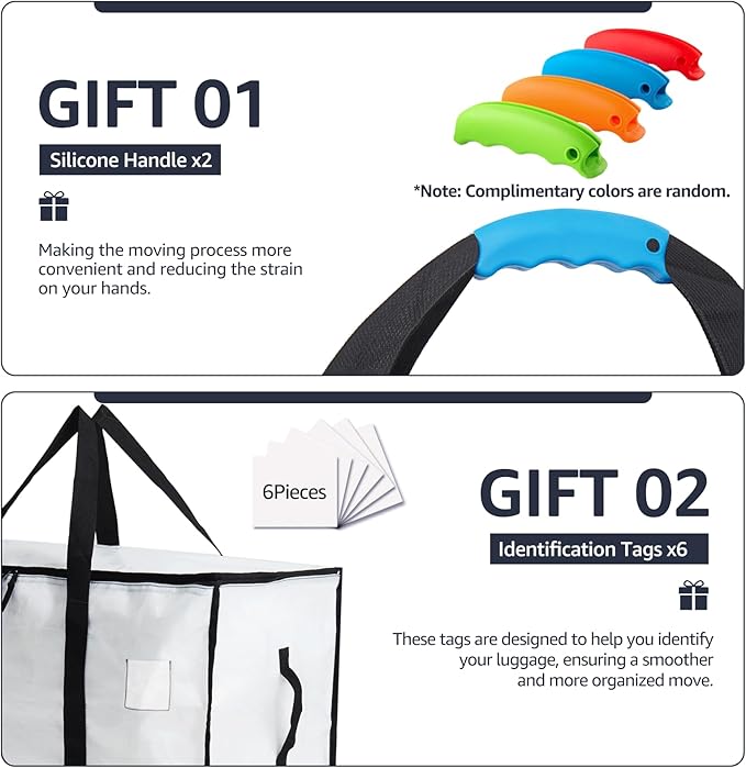 Moving Bags Heavy Duty Extra Large, Moving Boxes, Moving Supplies Essentials, Blue Storage Bins with Lids, Plastic Packing Totes, Storage Bags for Clothes with Handles & Zippers(White, 6 Pack)