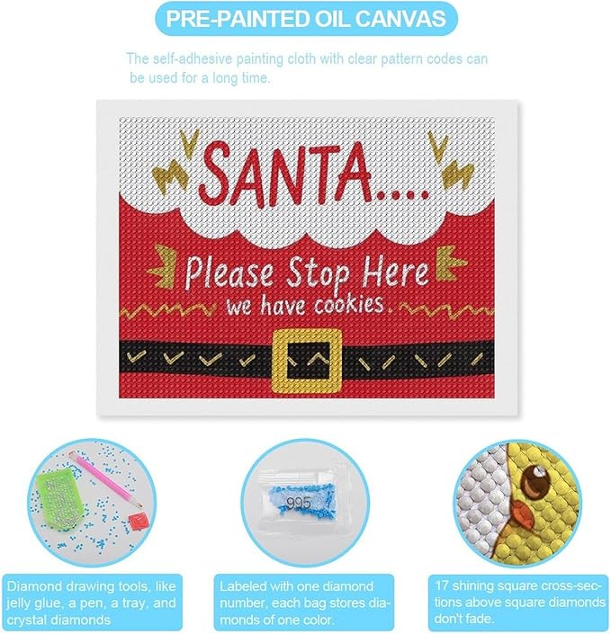AIVKIEJK Diamond Painting Kits for Adults - Christmas Santa 'Please Stop Here' Painting DIY 5D Full Drill Diamond Dots Paintings with Diamonds Gem Art and Crafts Home Decor 12"x16"