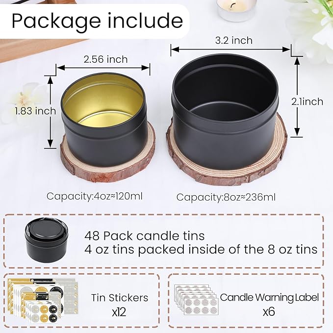 CONNOO 48 Pack Candle Tins - 24pcs 8oz + 24pcs 4oz Matte Black Jars with Lids for Making Candles, Bulk Empty Containers with Sticky Warning Labels for Candle Making, Storage, and Gift