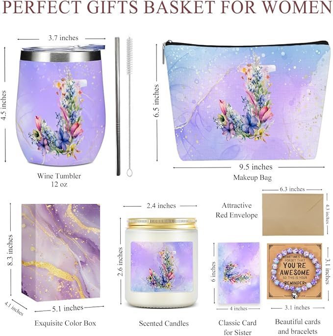 Personalized Gifts Monogrammed Birthday Gifts for Women, Maid of Honor Bachelorette Wedding Christmas Initial Wine Tumbler Makeup Bag Scented Candle Bracelet Set, (Aesthetic Purple Flower J)