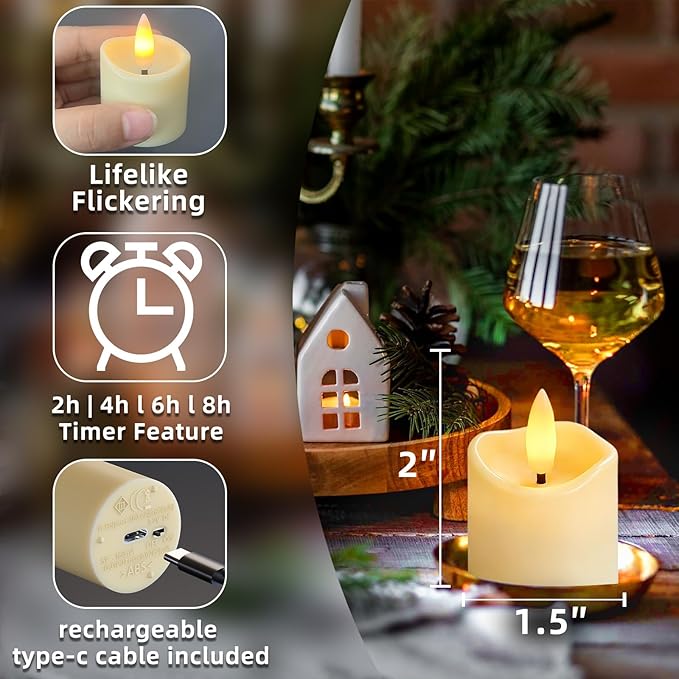 Rechargeable Flameless Candles with Remote Timer, 6pcs LED Flickering Electric Tea Lights Votive for Valentines, Christmas, Home Decor, Wedding,Home Decoration(USB-C Charging Cable Included)