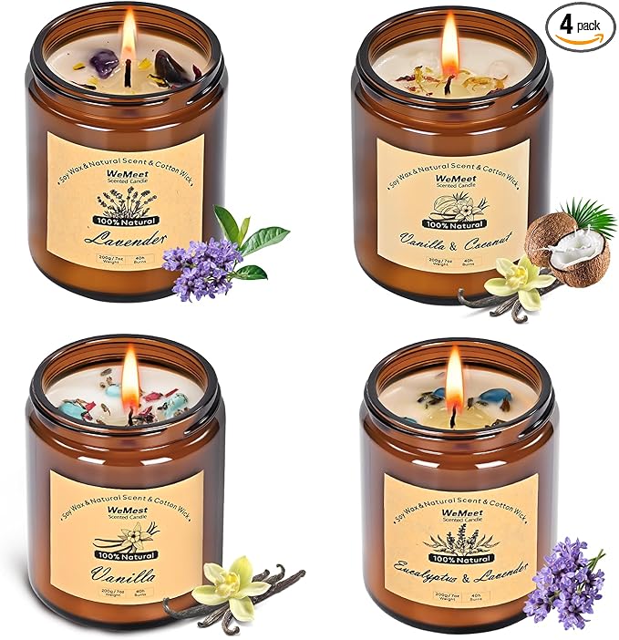 Scented Candles Set, 4 Pack Aromatherapy Candle with Crystals, 28 oz 160 Hour Long Lasting Candle, Soy Wax Scented Candle with Dried Flowers, Gifts for Men, Women, Birthday, Mother's Day