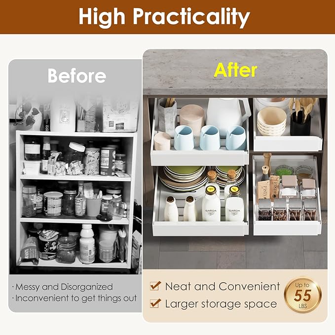 2 Pack Expandable Pull Out Cabinet Organizer 21" Deep, Adjustable Width 12.6"-20.5", No Drill Adhesive with Triple Track Rails, Heavy Duty Slide Out Drawers for Kitchen, Pantry, Cabinets,White
